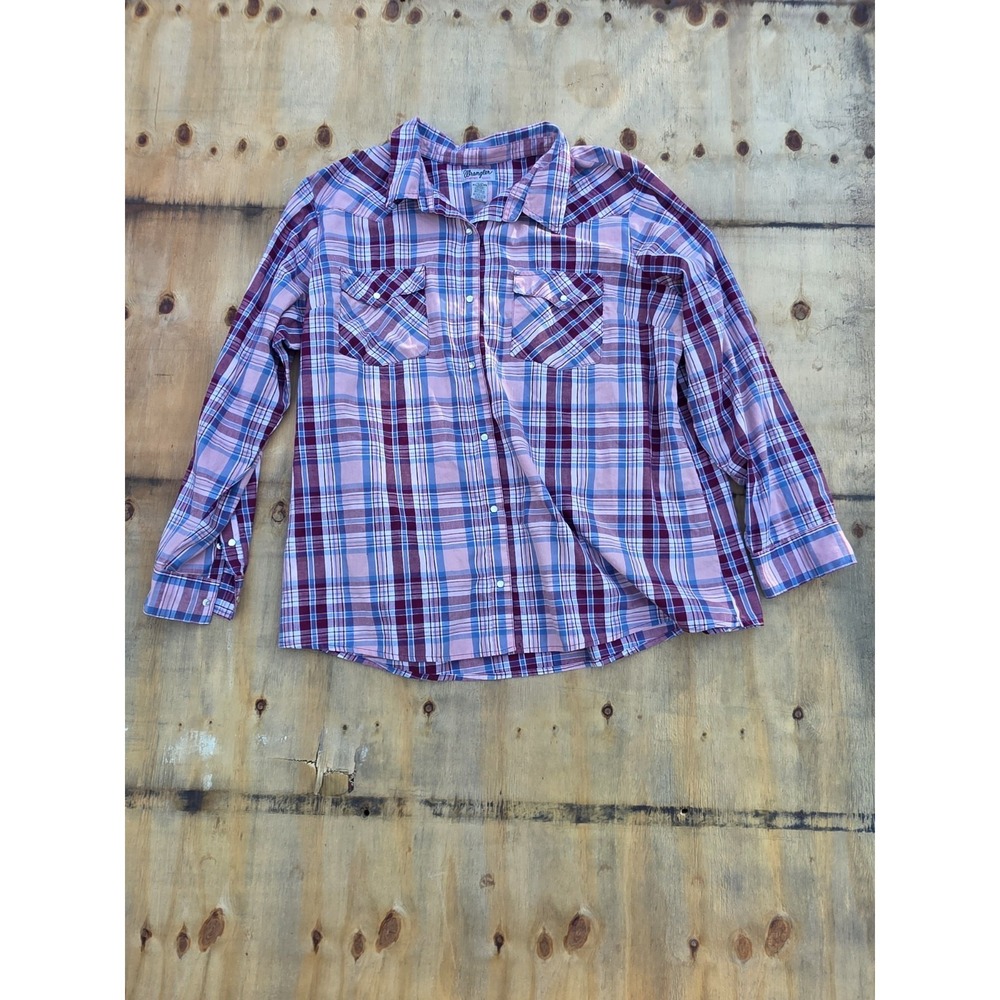 Wrangler Wrancher Mens 3XL Red Pink Plaid Western Pearl Snap Shirt LWR7919